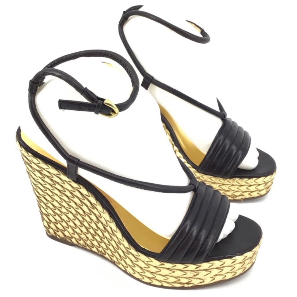 Coach Gold Leather Ankle Strap Platform Wedge